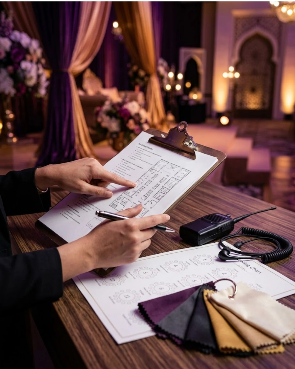 Event planner reviewing a floor plan, seating chart and fabric swatches at a styled venue