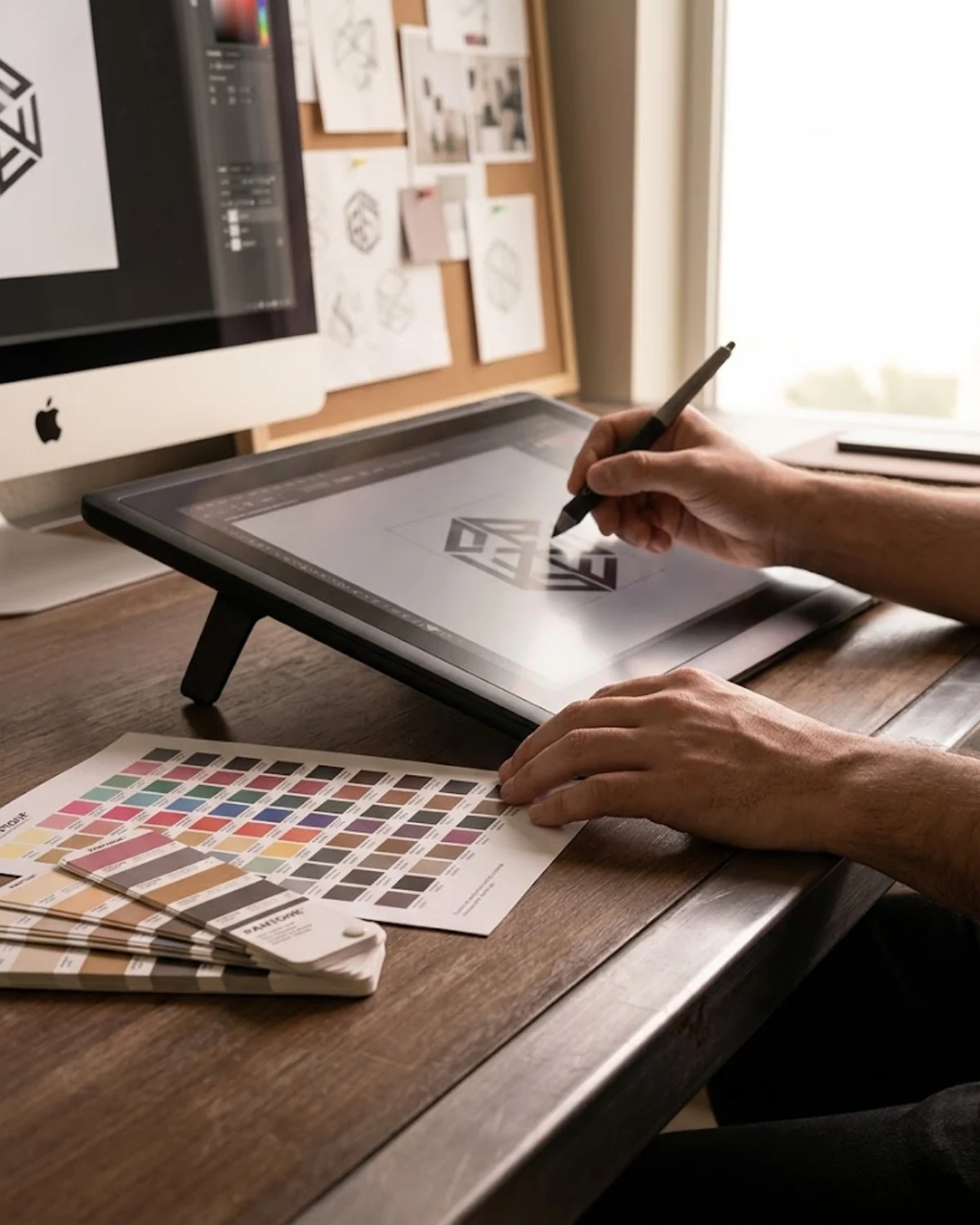 Graphic designer refining a logo on a pen-display tablet with pantone swatches