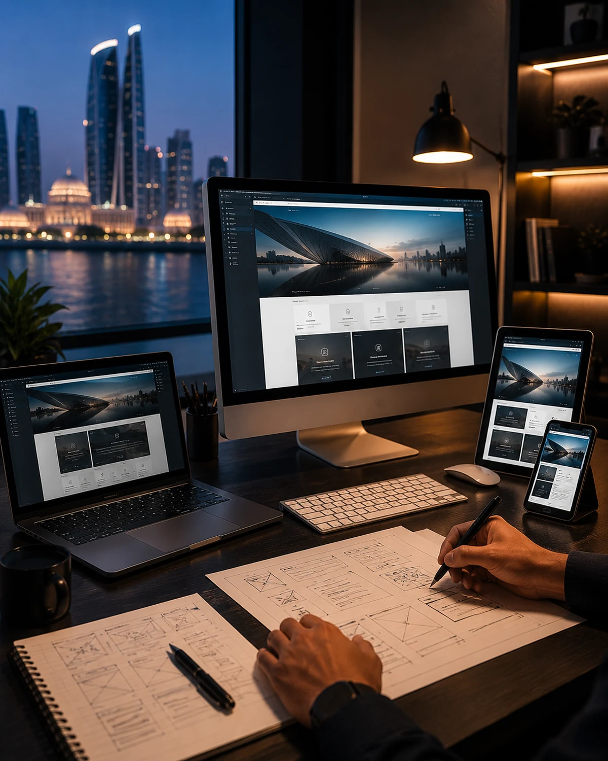 Web developer building a responsive website across desktop, laptop and tablet with wireframe sketches