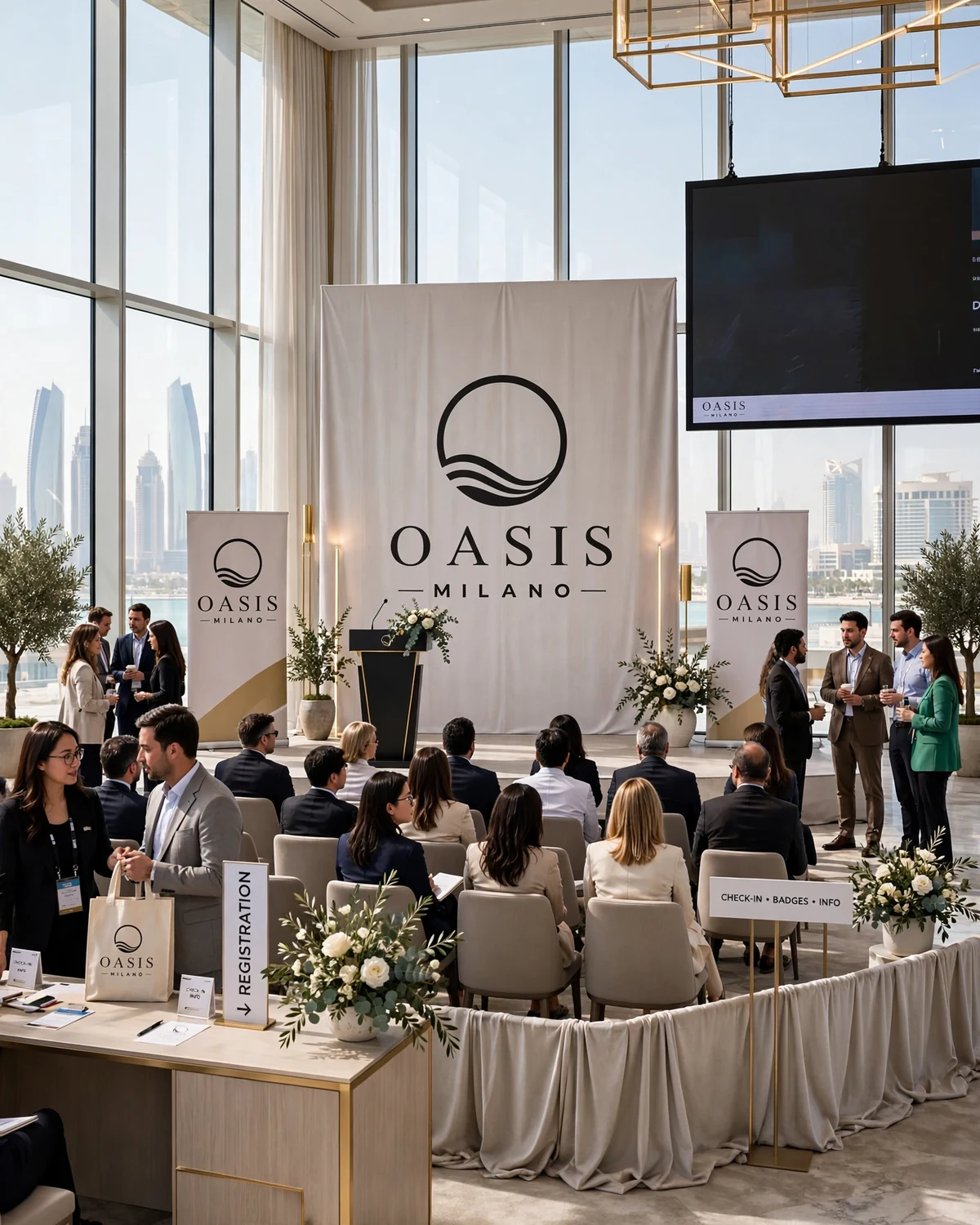 Elegant branded corporate event setup with stage, banners and reception in Abu Dhabi
