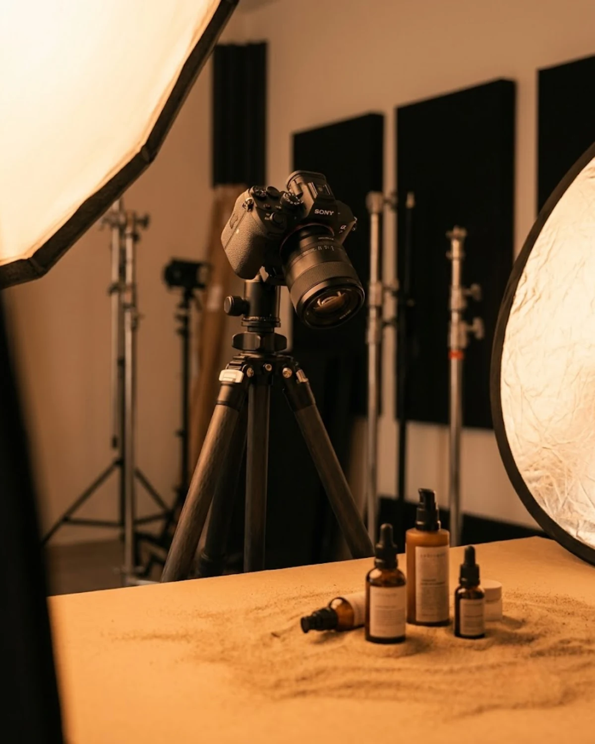 Professional product photography studio setup with Sony camera and softbox lighting in Abu Dhabi