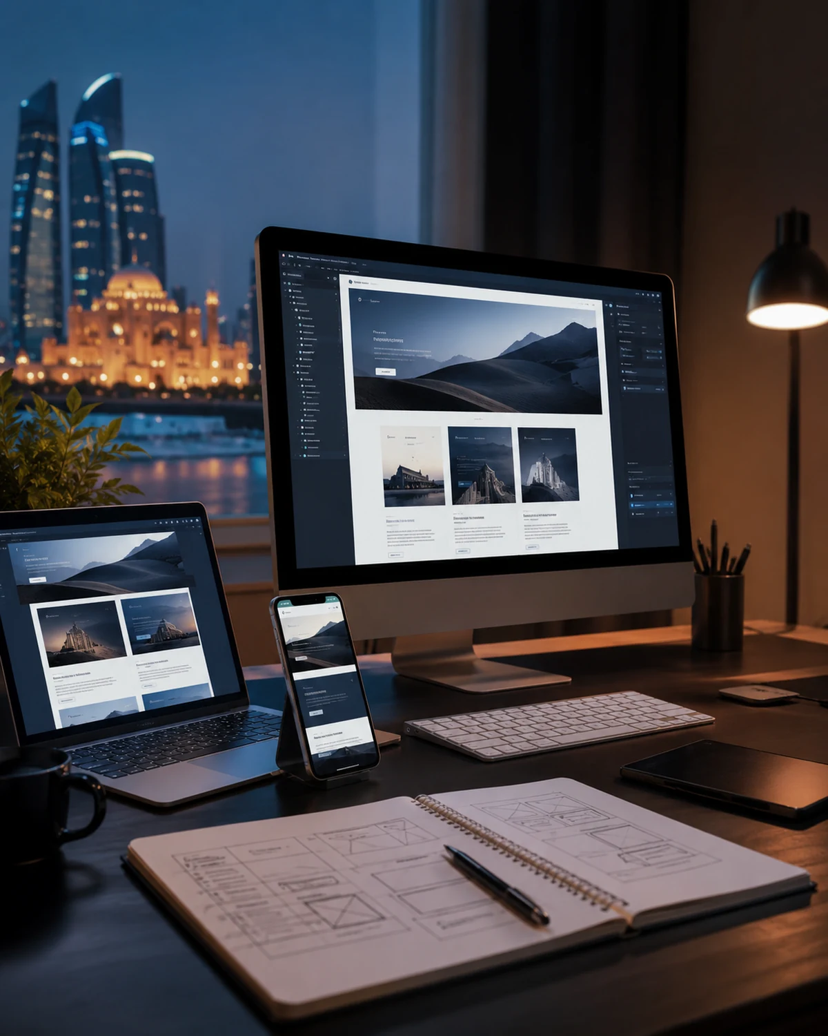 Modern web design studio with a responsive website shown across desktop, laptop and mobile in Abu Dhabi