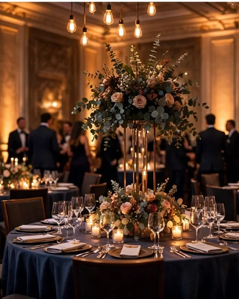 Corporate gala dinner with styled tables and ambient lighting