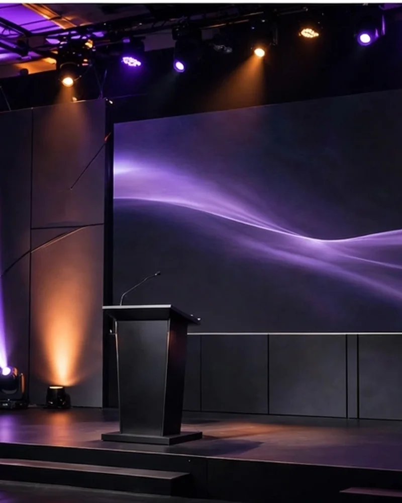 Product launch stage with dramatic lighting