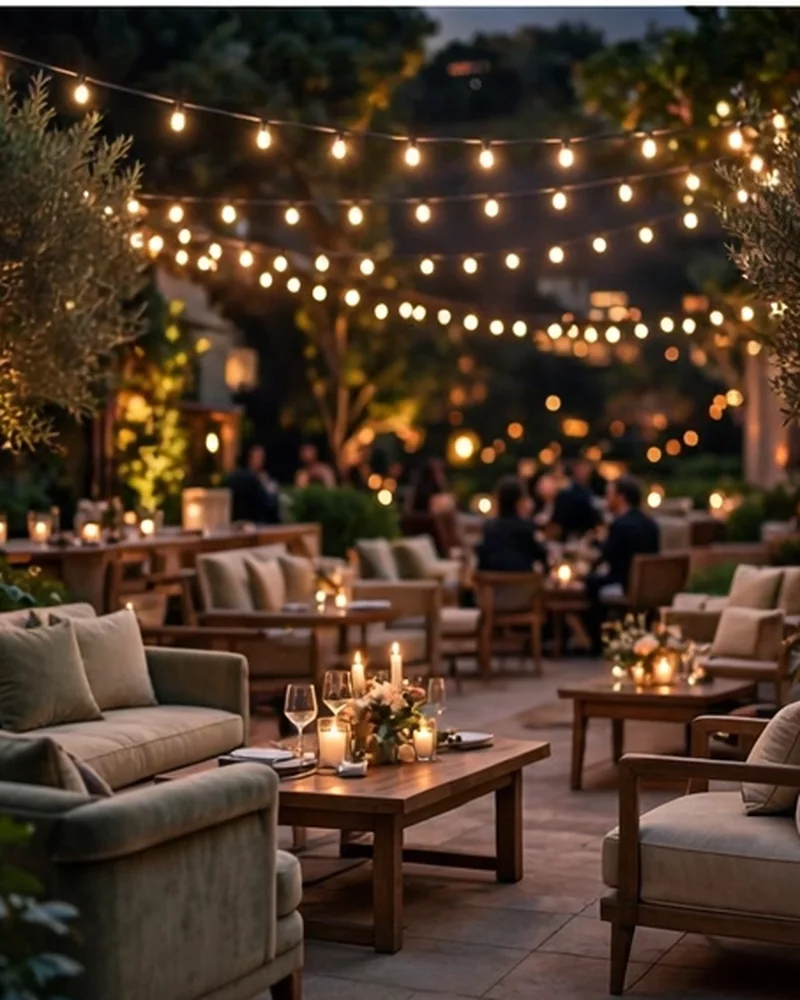 Outdoor evening reception with string lights