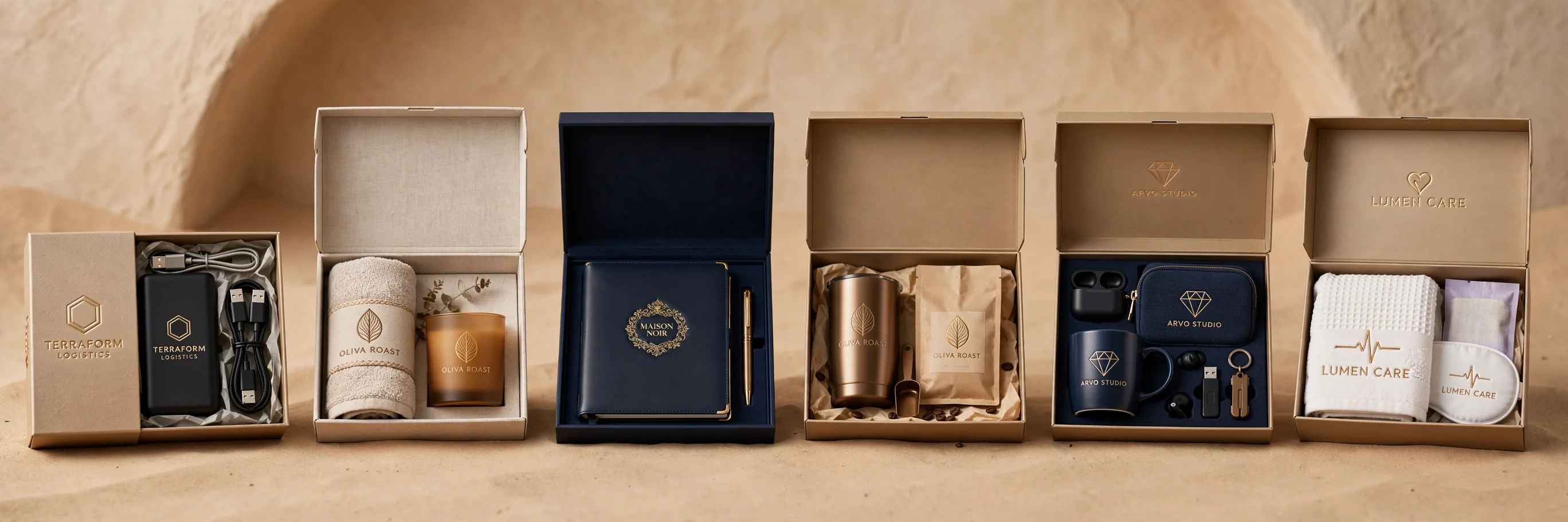 Recent branded corporate gift projects — curated sets for Terraform Logistics, Oliva Roast, Maison Noir, Arvo Studio and Lumen Care