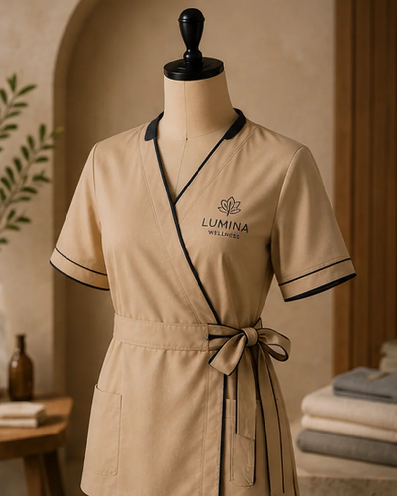 Lumina Wellness branded tan wrap uniform