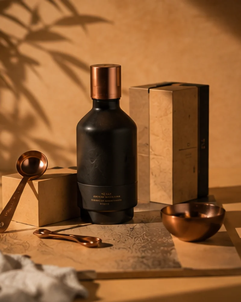 Styled product photography of premium bottle in warm light