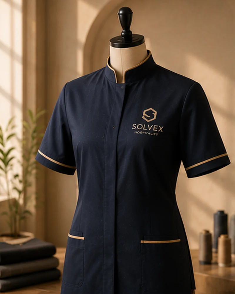 Solvex Hospitality branded navy tunic uniform