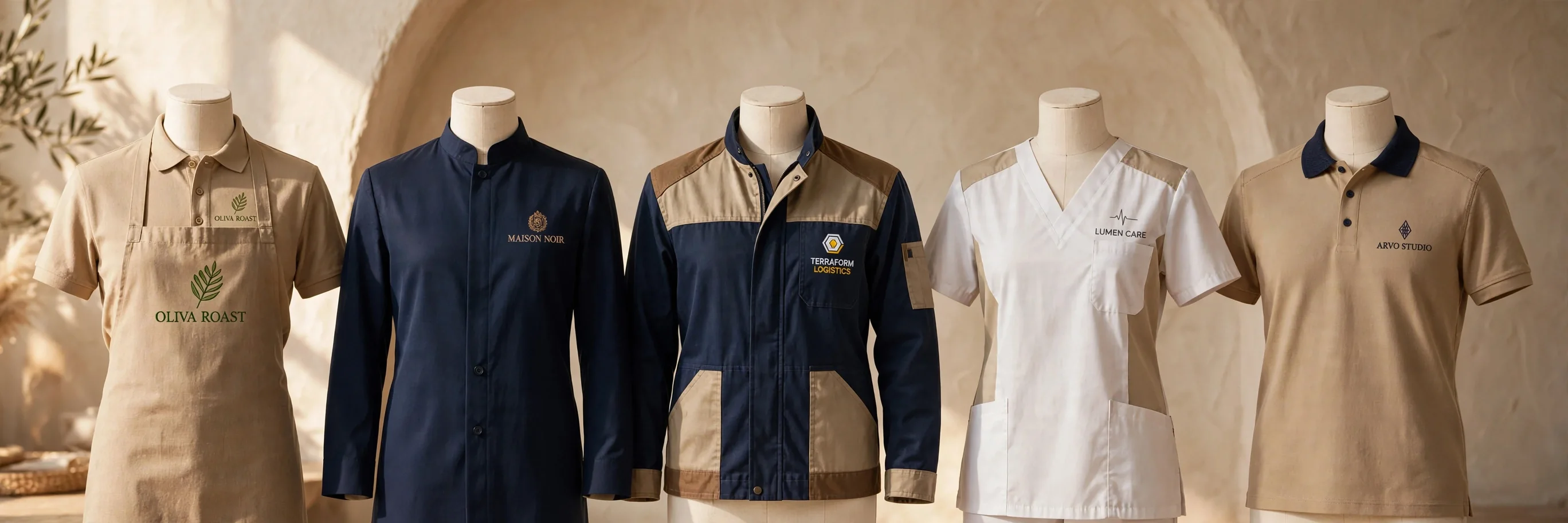 Recent uniform projects — branded workwear for Oliva Roast, Maison Noir, Terraform Logistics, Lumen Care and Arvo Studio